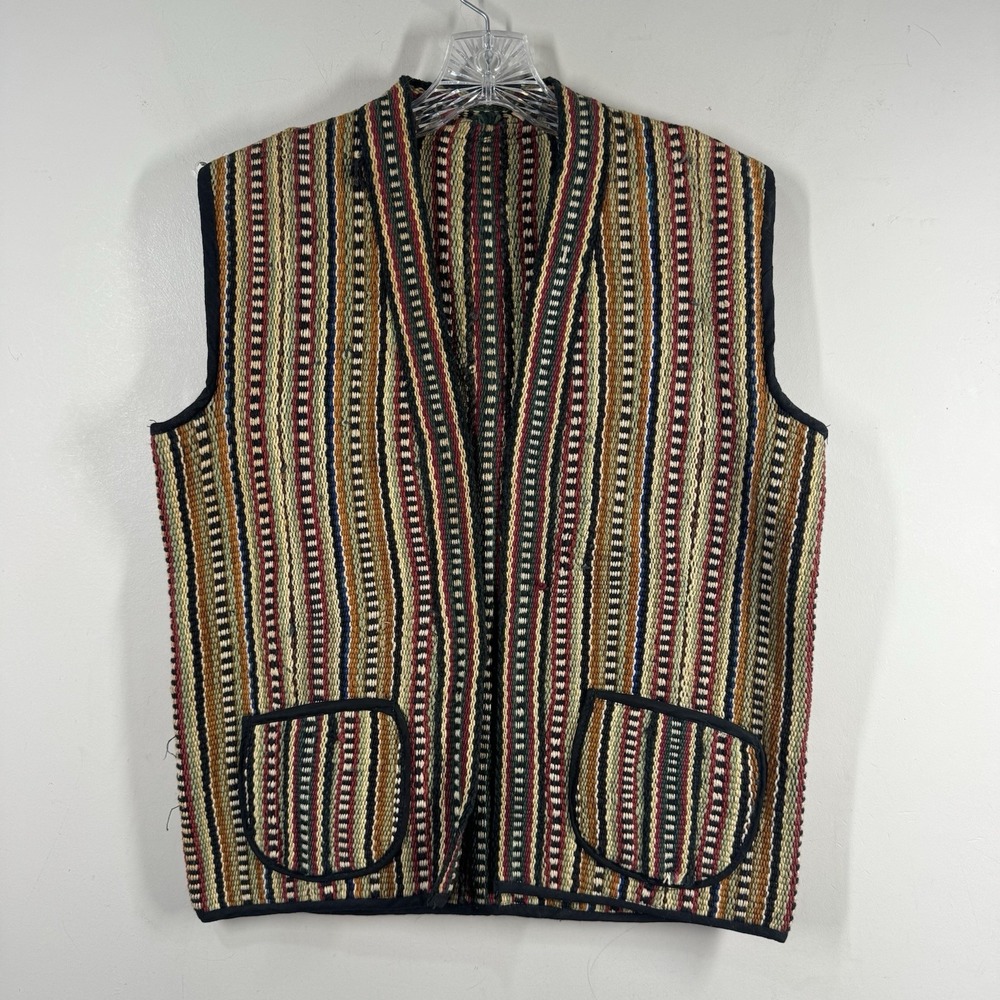 Vtg Hippie Boho Handwoven‎ Tapestry Vest Waist Coat Black Multi-Color Pockets M